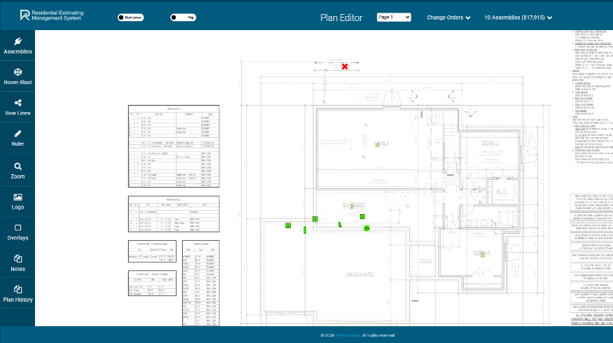 REMS Plan Editor showing an electrical floor plan with assembly markers